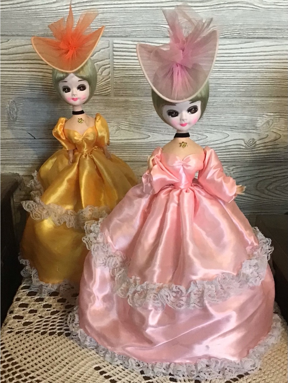 Vintage Bradley large  eyed dolls- Pink and Gold Satin Gowns